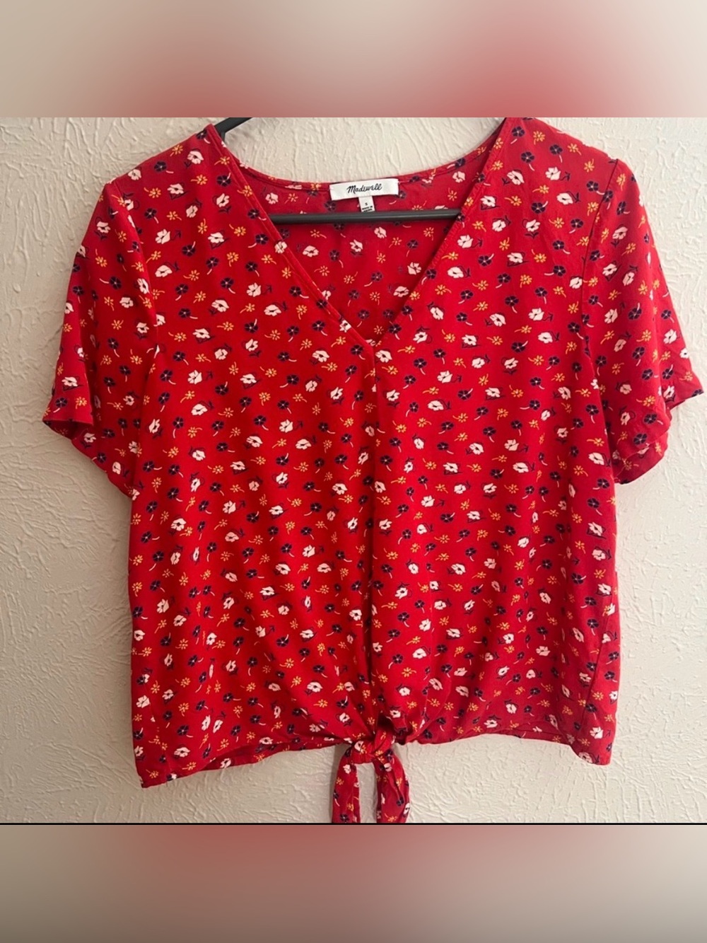 Madewell Red Floral Tie-Front Top Women’s Size Small 🌼